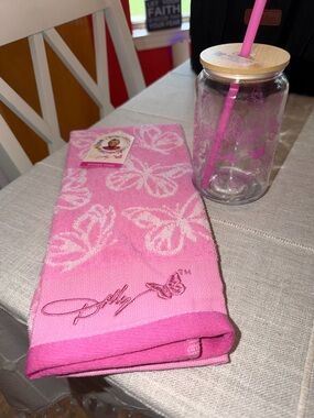 Dolly Parton Pink Butterfly Kitchen Towel & Glass Cup. NWT